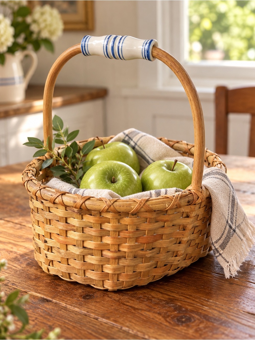 Vintage Handwoven Basket with Blue & White Ceramic Handle
